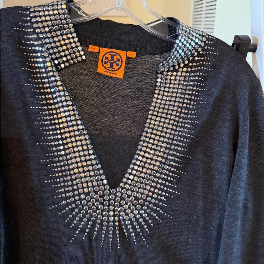 Tory Burch Charcoal V-Neck Tunic with Crystal Accent Size Medium - Picture 5 of 6